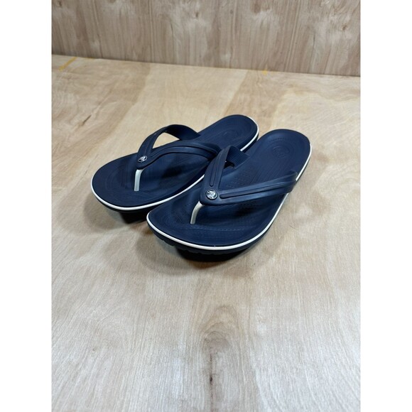 Crocs Crocband Flip Flops Sandals Mens 12 Navy Blue And White - Picture 2 of 10